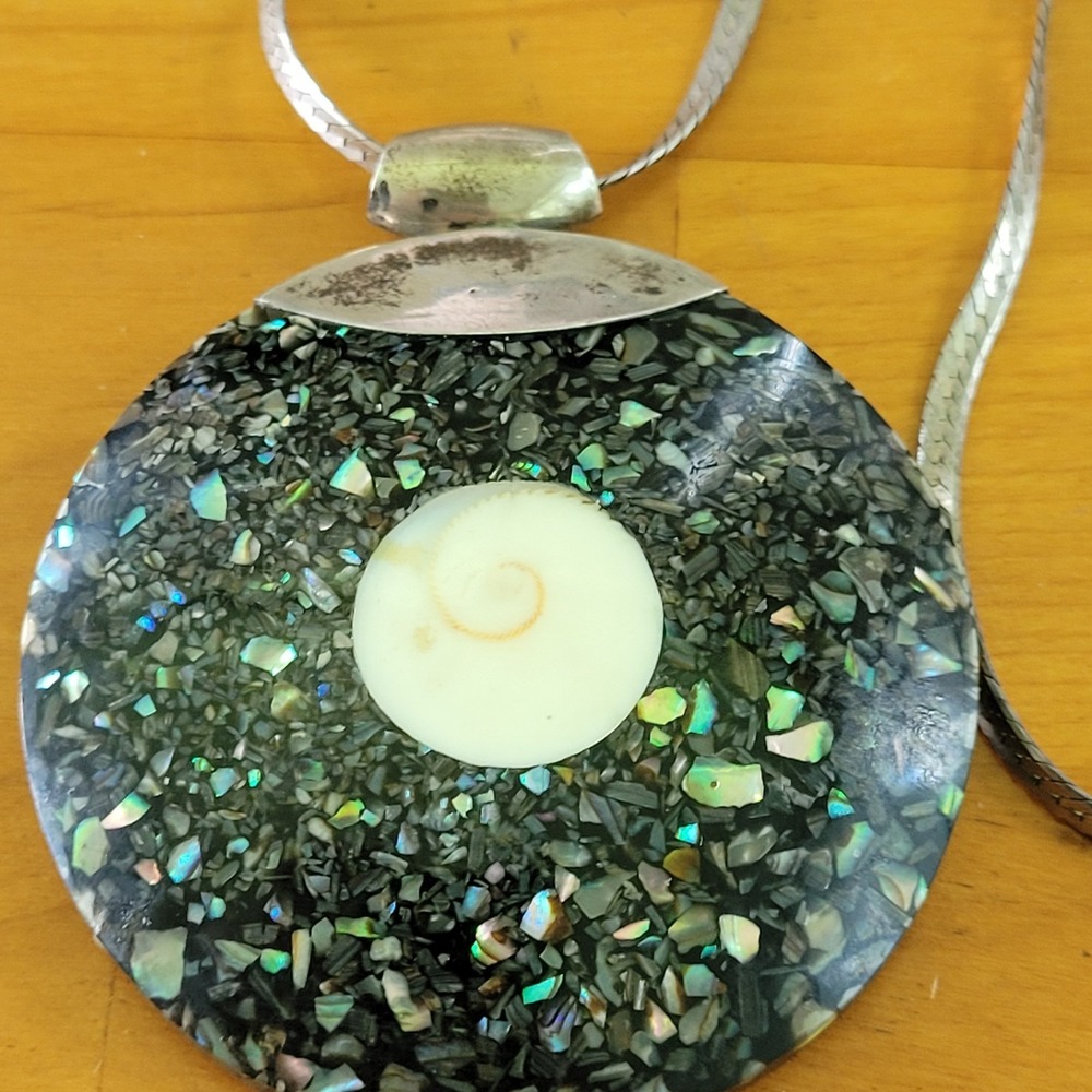 Vintage 925 Sterling Silver Italy Herringbone Shiva Eye Abalone Necklace